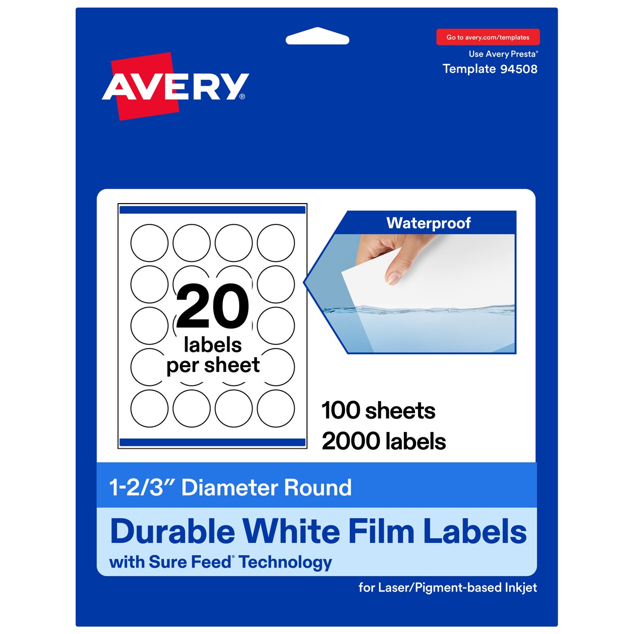 Avery Durable Waterproof Round Labels with Sure Feed, 1-2/3" diameter